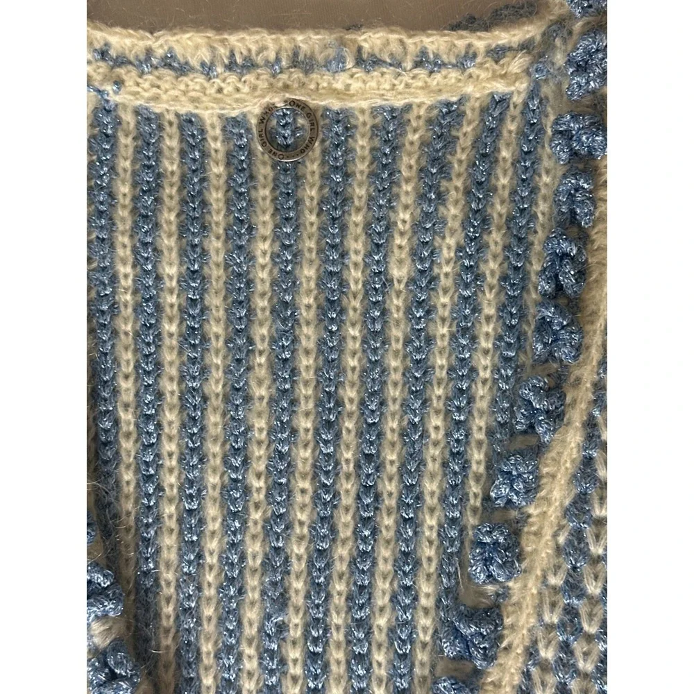 One Girl Who blue tweed cardigan mohair blend scallop metallic knit grandmacore